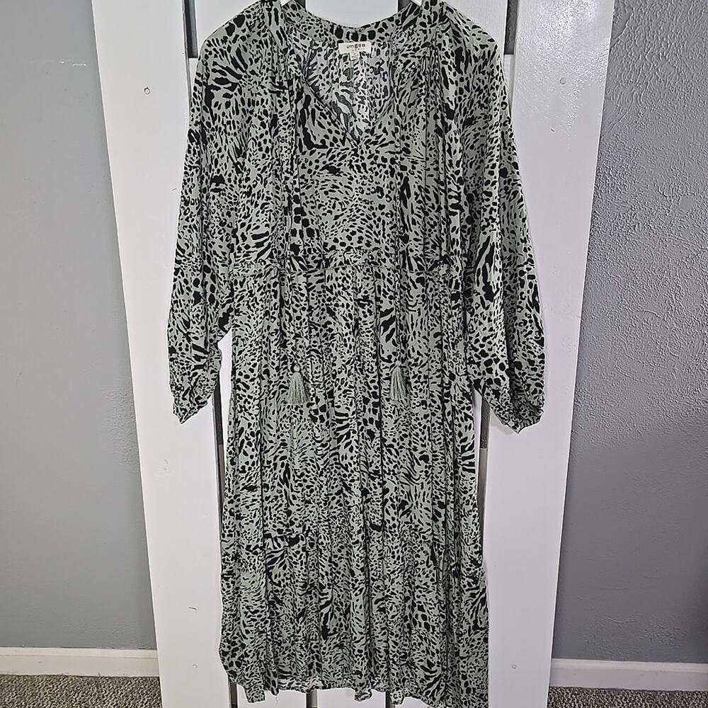 Umgee‎ Midi Green Black Leopard Dress Medium Tiered Ruffle Boho Safari